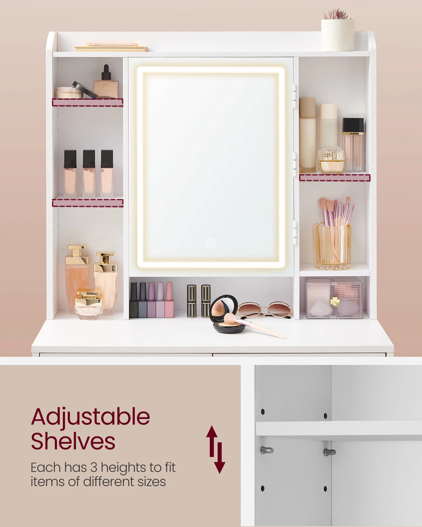A modern vanity table featuring a sleek design, equipped with a built-in LED-lit mirror offering adjustable brightness settings. The table includes multiple drawers and shelves for organized storage of cosmetics and accessories, complemented by a smooth tabletop for a stylish and functional addition to any bedroom or dressing area.