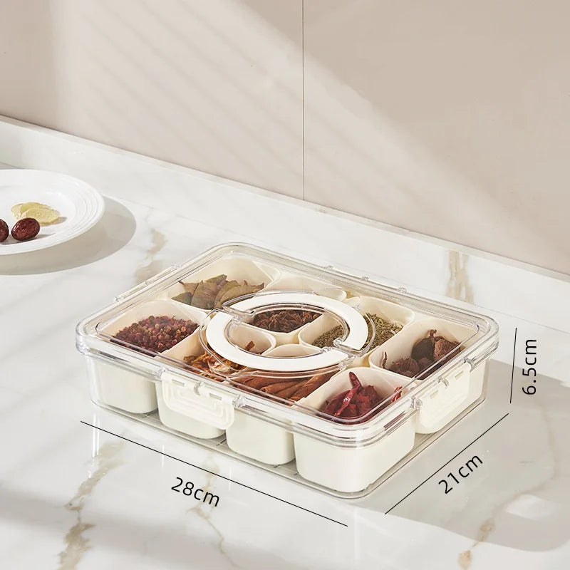 A divided serving tray storage box featuring multiple compartments, a secure lid, and a handle for easy portability; ideal for organizing and transporting snacks, fruits, nuts, or appetizers during events, picnics, or daily use