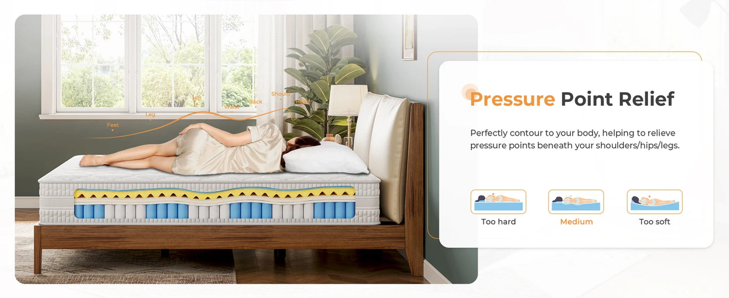 Comfortable mattress featuring pocket springs and memory foam for optimal support and pressure relief. Designed to adapt to body contours, reducing motion transfer for a restful sleep.
