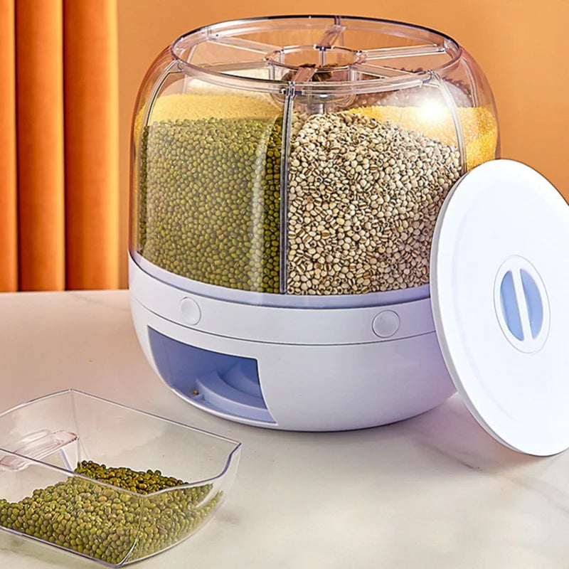 A 360-degree rotating rice dispenser featuring multiple compartments for organized storage of various grains. Its transparent design allows for easy monitoring of contents, while the rotating mechanism provides convenient access to each compartment, making it a practical addition to any kitchen.