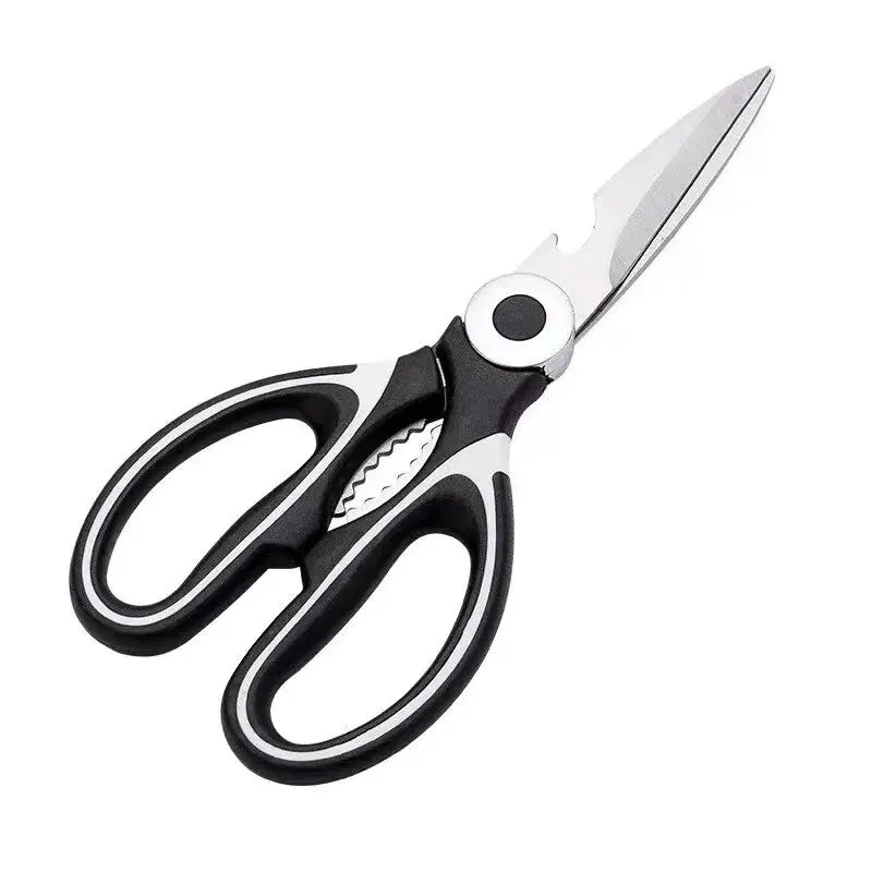 Multi-function scissors featuring ergonomic handles and durable stainless steel blades, designed to cut through various materials including paper, fabric, and light packaging; ideal for home, office, or workshop use