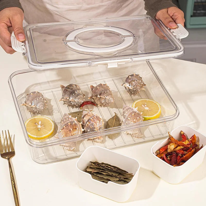 A divided serving tray storage box featuring multiple compartments, a secure lid, and a handle for easy portability; ideal for organizing and transporting snacks, fruits, nuts, or appetizers during events, picnics, or daily use