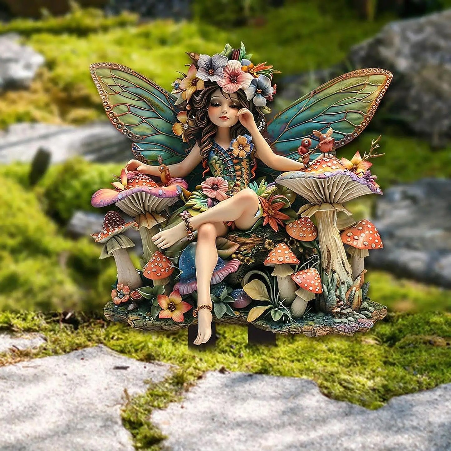 A delicate fairy figurine crafted from high-quality resin, featuring intricate detailing and a hand-painted finish. The figurine depicts a graceful fairy with translucent wings, poised elegantly on a floral base, adding a touch of enchantment to any space.