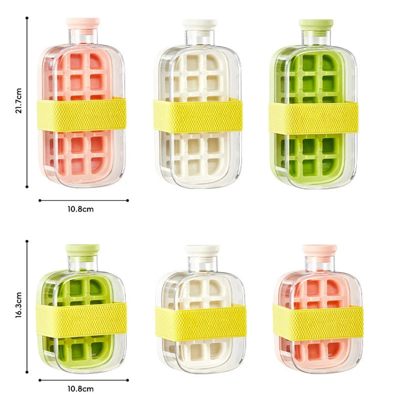 A stackable ice cube tray with a secure lid, designed for easy filling and spill-free storage, ensuring fresh and odor-free ice cubes.