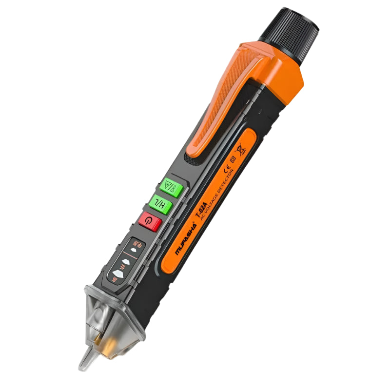 A voltage detector electrical pen, also known as a non-contact voltage tester, designed to detect the presence of voltage in electrical circuits without direct contact. It features a handheld design with an insulated probe, an LED indicator to signal voltage detection, and a sensitivity range suitable for various applications, typically from 90V to 1000V AC
