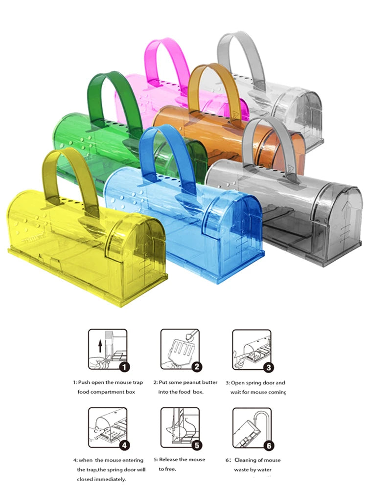 A humane mouse trap designed to safely capture and release mice without harm. The transparent plastic construction allows for easy monitoring, and ventilation holes ensure the mouse's well-being until release