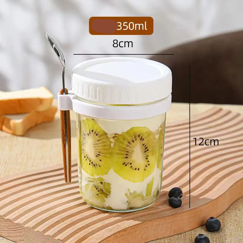 Glass jar container designed for storing overnight oats, with an airtight lid to keep ingredients fresh. Perfect for prepping nutritious breakfasts on-the-go.
