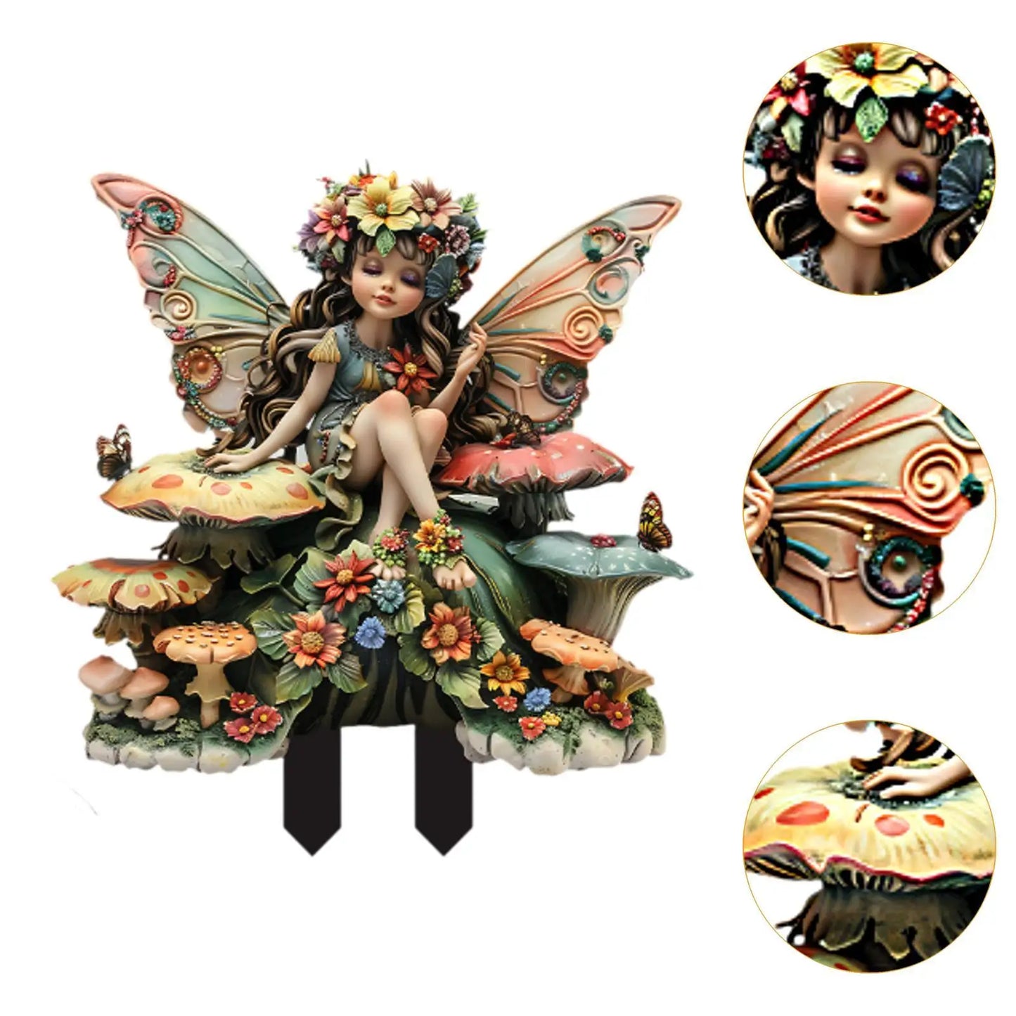 A delicate fairy figurine crafted from high-quality resin, featuring intricate detailing and a hand-painted finish. The figurine depicts a graceful fairy with translucent wings, poised elegantly on a floral base, adding a touch of enchantment to any space.