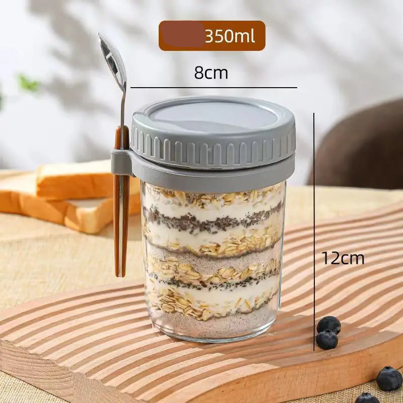 Glass jar container designed for storing overnight oats, with an airtight lid to keep ingredients fresh. Perfect for prepping nutritious breakfasts on-the-go.