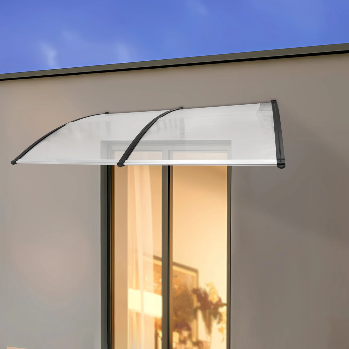 A front door canopy, also known as a door awning, is a protective structure attached above a doorway. It shields the entrance from weather elements such as rain, snow, and sun, enhancing both the functionality and aesthetic appeal of the home's exterior