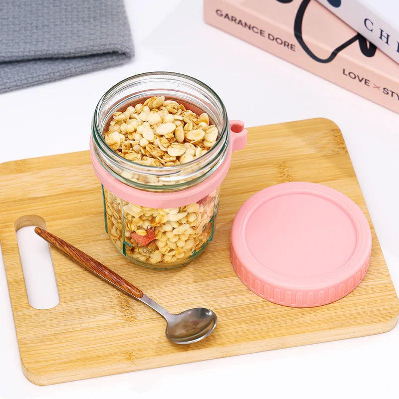 Glass jar container designed for storing overnight oats, with an airtight lid to keep ingredients fresh. Perfect for prepping nutritious breakfasts on-the-go.