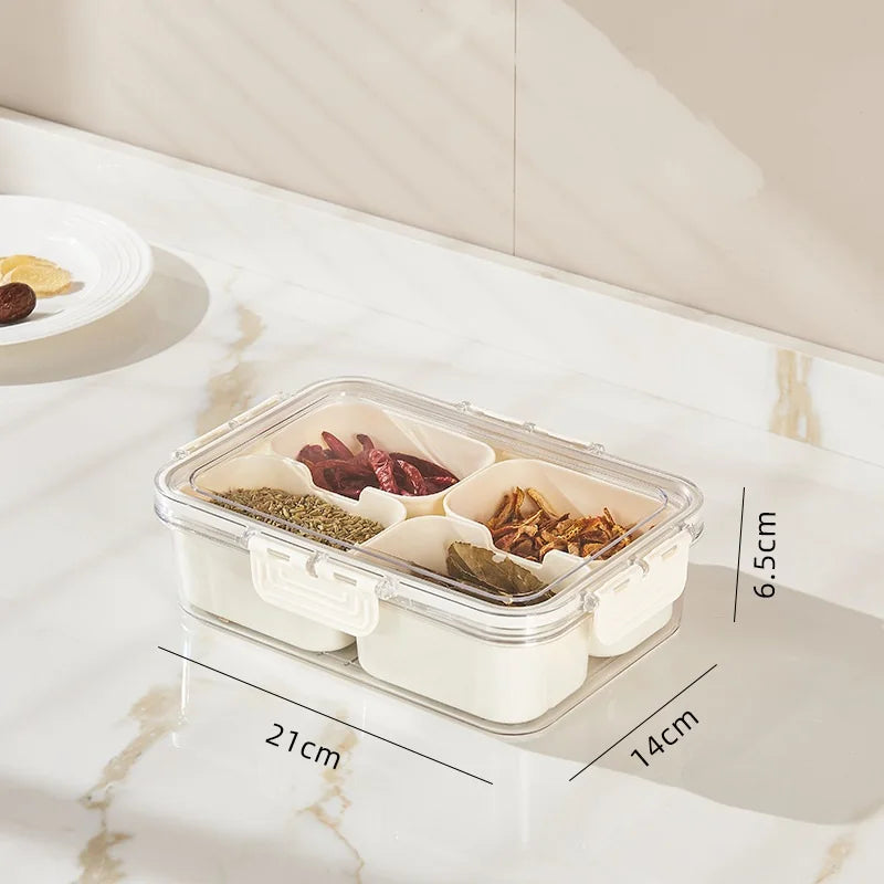 A divided serving tray storage box featuring multiple compartments, a secure lid, and a handle for easy portability; ideal for organizing and transporting snacks, fruits, nuts, or appetizers during events, picnics, or daily use
