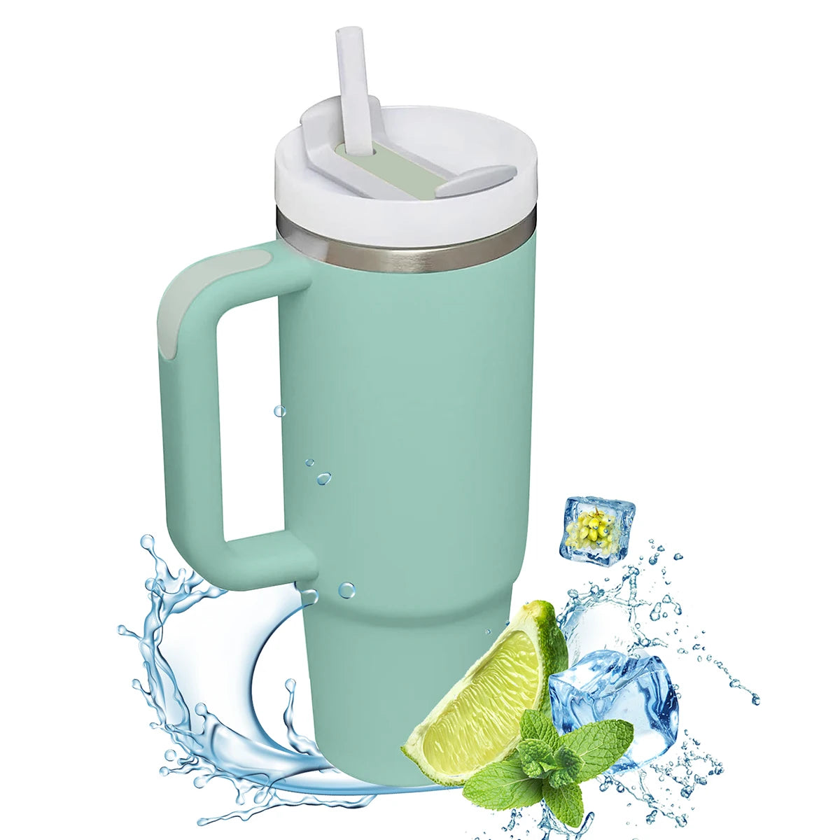 40oz stainless steel insulated tumbler with handle, featuring double-wall vacuum insulation to keep drinks hot or cold for hours. Includes a lid and straw, designed for on-the-go use and fits most car cup holders.