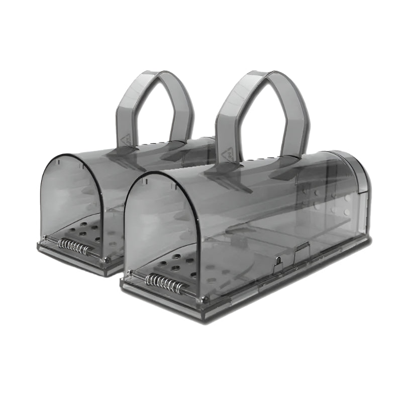 A humane mouse trap designed to safely capture and release mice without harm. The transparent plastic construction allows for easy monitoring, and ventilation holes ensure the mouse's well-being until release