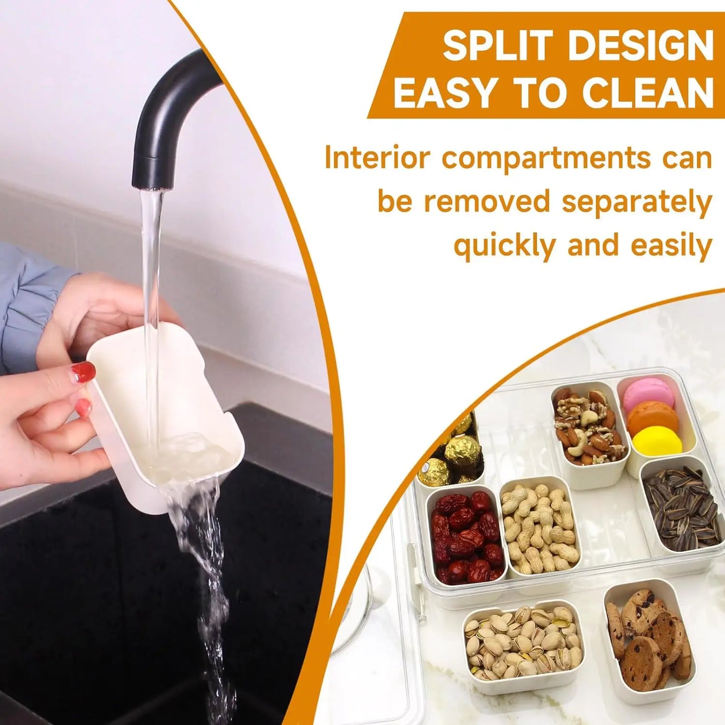 A divided serving tray storage box featuring multiple compartments, a secure lid, and a handle for easy portability; ideal for organizing and transporting snacks, fruits, nuts, or appetizers during events, picnics, or daily use