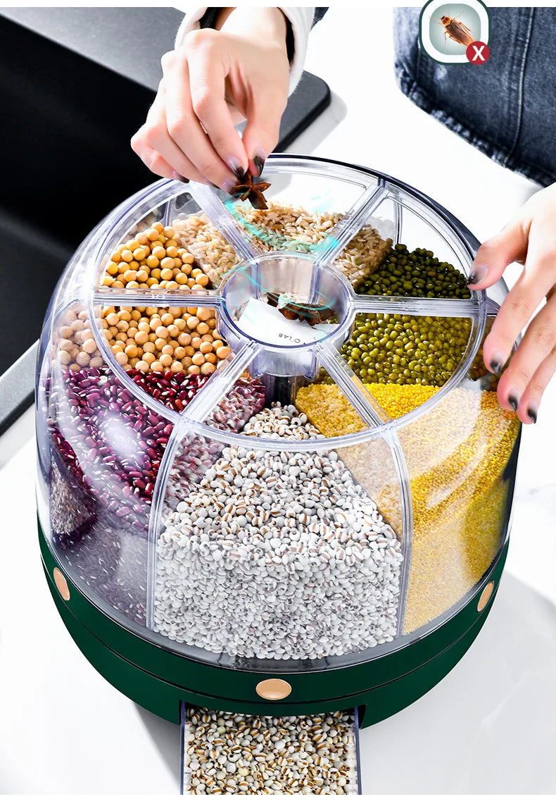 A 360-degree rotating rice dispenser featuring multiple compartments for organized storage of various grains. Its transparent design allows for easy monitoring of contents, while the rotating mechanism provides convenient access to each compartment, making it a practical addition to any kitchen.