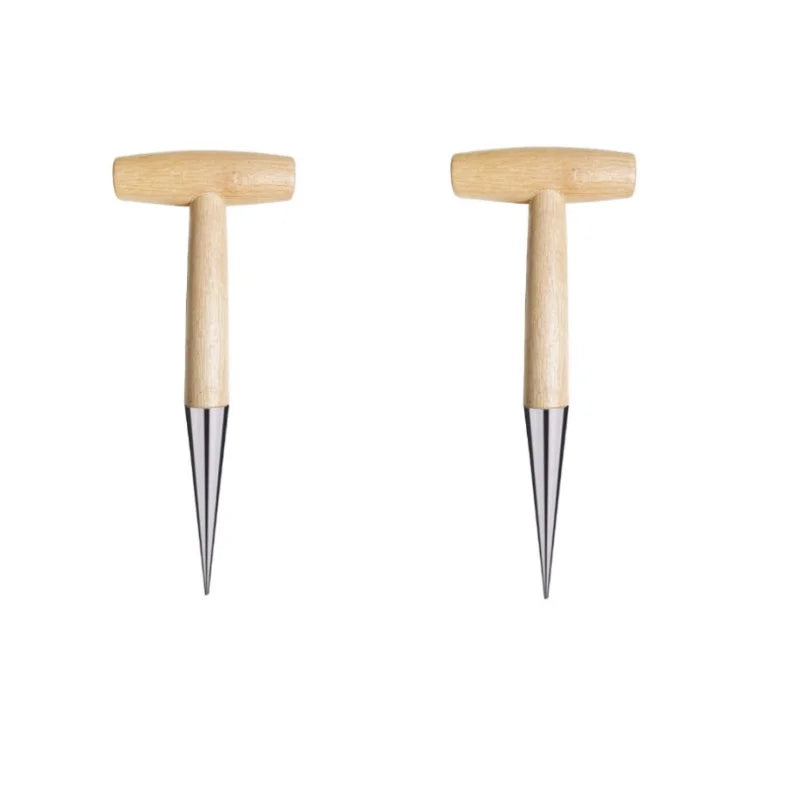 A T-shaped hole puncher seeder made of stainless steel, featuring a wooden handle; designed to create precise holes in soil for planting seeds or bulbs; ensures accurate seed placement and depth for optimal growth