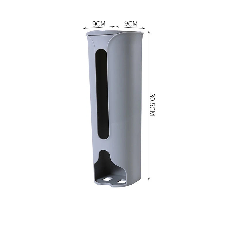 A wall-mounted plastic bag holder made of durable stainless steel with a sleek silver finish. Designed to neatly store and dispense plastic grocery bags, it features a top opening for easy insertion and a front slot for convenient retrieval, helping to keep your kitchen organized and clutter-free.