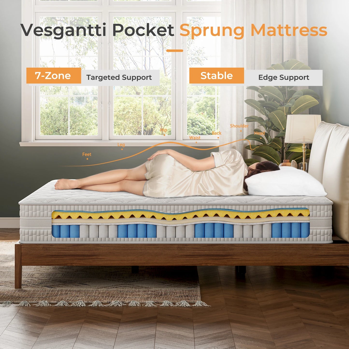 Comfortable mattress featuring pocket springs and memory foam for optimal support and pressure relief. Designed to adapt to body contours, reducing motion transfer for a restful sleep.
