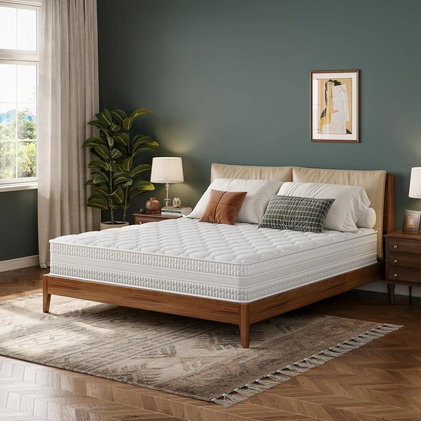 Comfortable mattress featuring pocket springs and memory foam for optimal support and pressure relief. Designed to adapt to body contours, reducing motion transfer for a restful sleep.