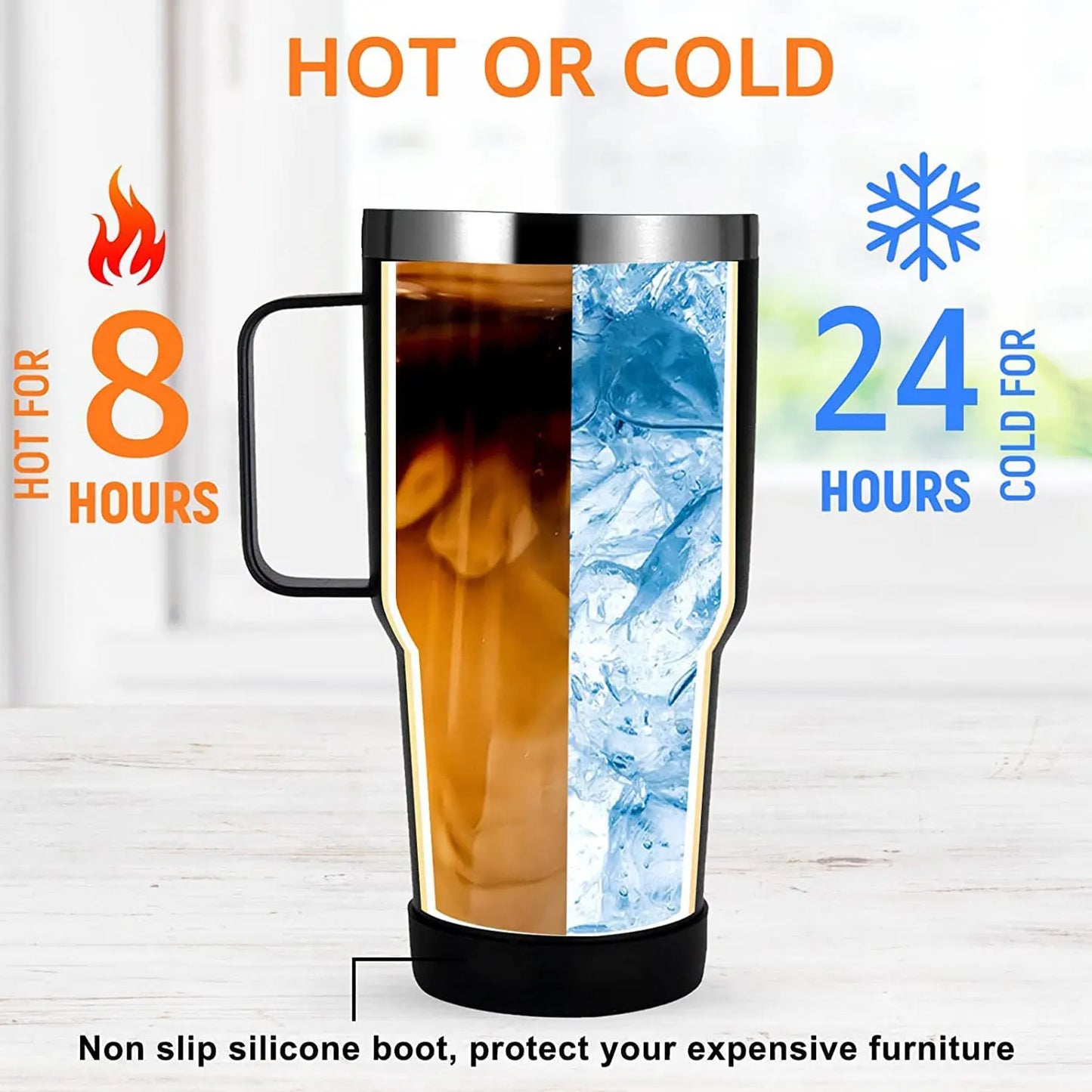 40oz stainless steel insulated tumbler with handle, featuring double-wall vacuum insulation to keep drinks hot or cold for hours. Includes a lid and straw, designed for on-the-go use and fits most car cup holders.