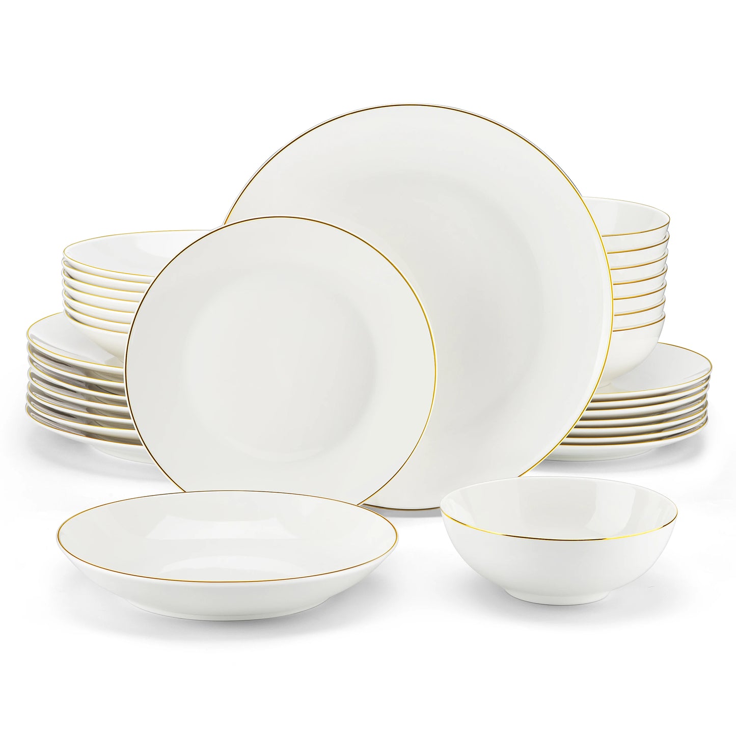 A complete dinnerware set including dinner plates, salad plates, bowls, and mugs, all featuring a sleek, modern design in a neutral color palette