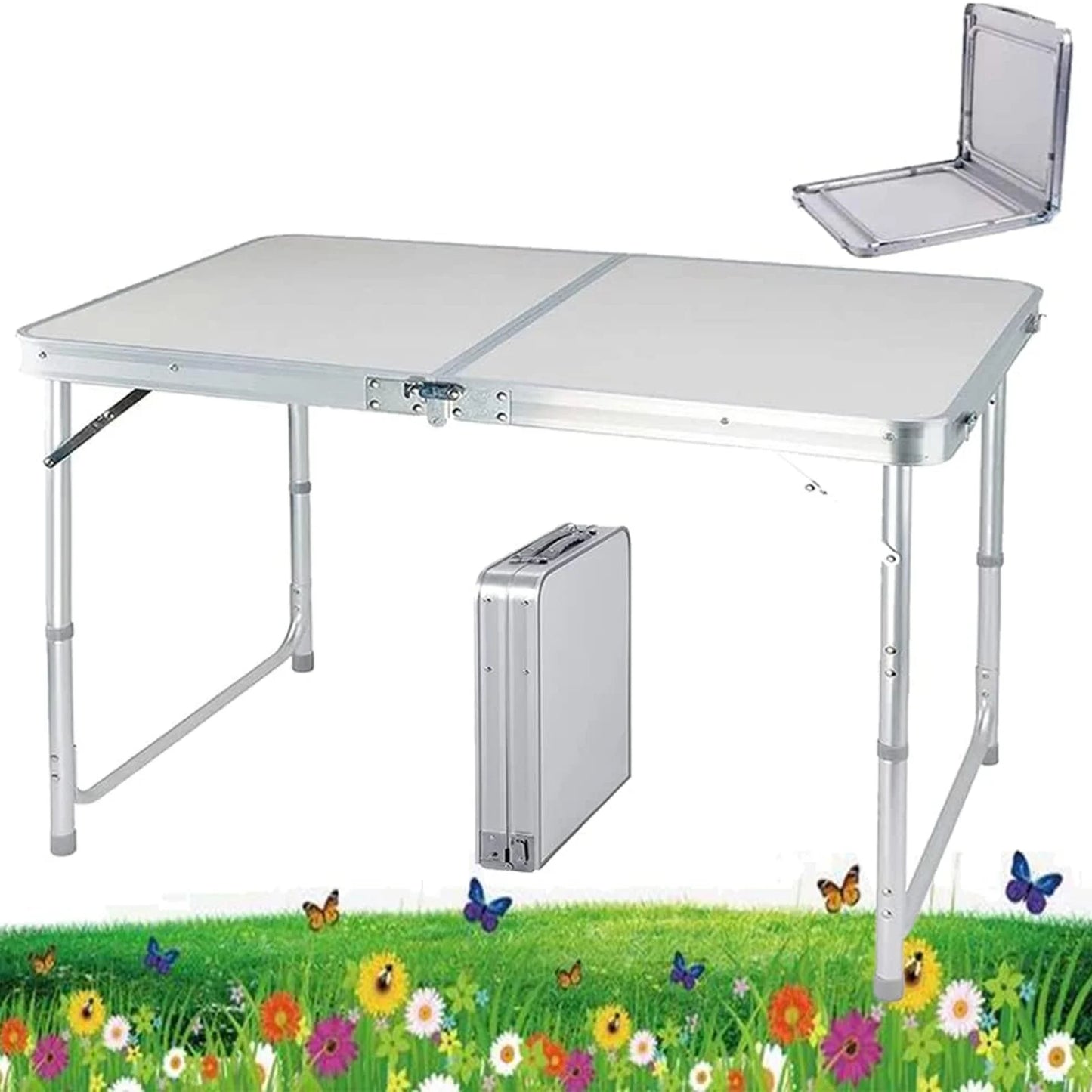 A portable folding table made of lightweight yet sturdy aluminium, featuring a collapsible design for easy transportation and storage. Ideal for camping, picnics, and outdoor activities, it offers a stable surface with adjustable height settings to accommodate various needs.