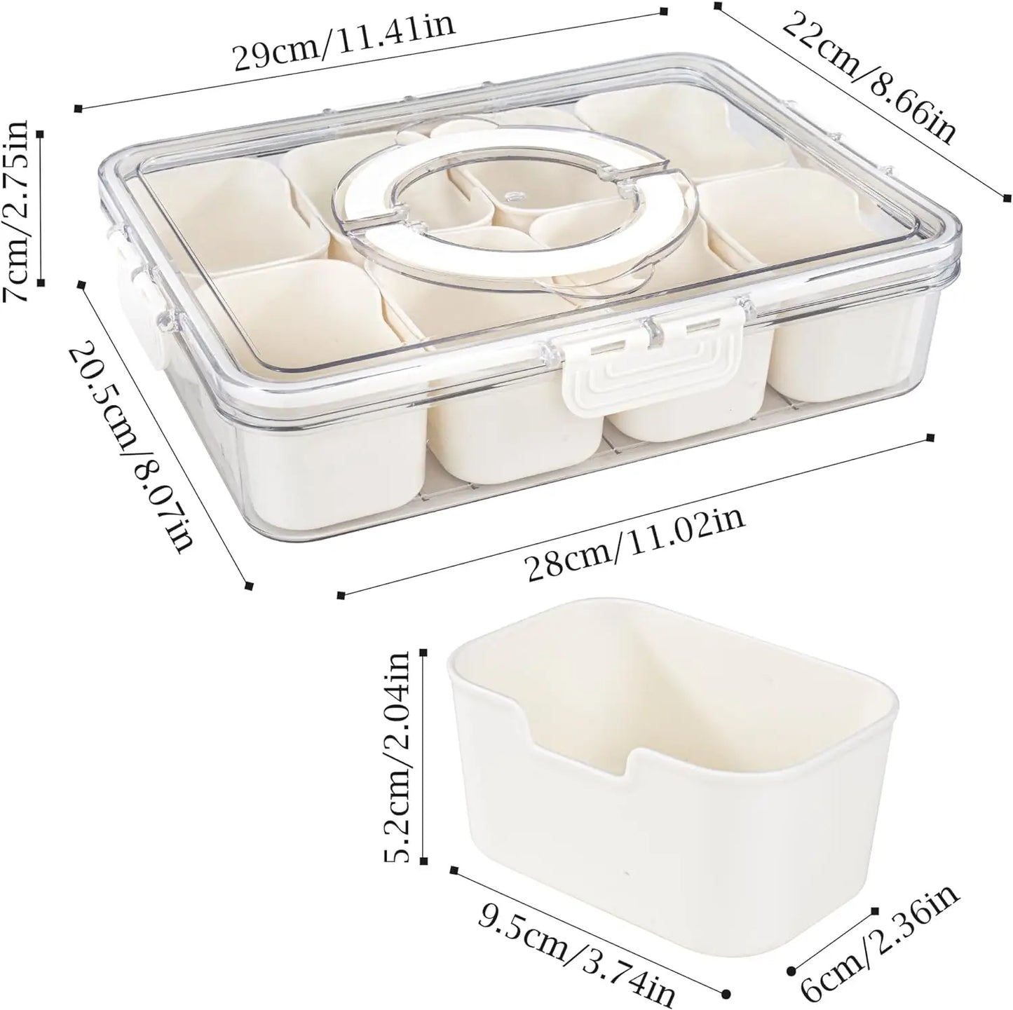 A divided serving tray storage box featuring multiple compartments, a secure lid, and a handle for easy portability; ideal for organizing and transporting snacks, fruits, nuts, or appetizers during events, picnics, or daily use
