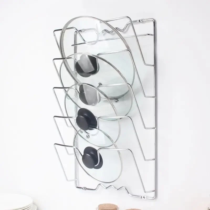 A hanging pot lid holder, designed to store pot lids efficiently by hanging them on a wall or inside a cabinet door, featuring adjustable dividers to accommodate various lid sizes, made from durable materials like metal or bamboo, and designed to save kitchen space while keeping lids organized