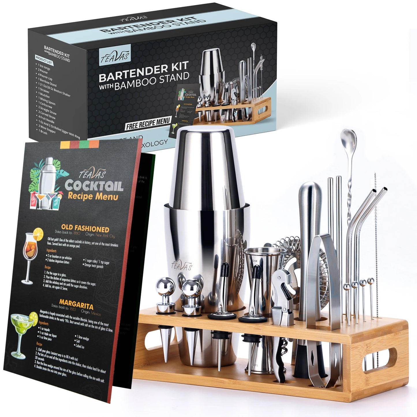 A comprehensive 25-piece mixology bartender kit featuring high-quality stainless steel tools, including a Boston cocktail shaker, muddlers, corkscrew, pourers, jigger, strainer, fruit needles, straws, mixing spoon, brush, wine stoppers, pourer caps, and a sturdy bamboo stand. This all-in-one set provides both amateur and professional bartenders with the essential tools needed to craft a wide variety of cocktails, enhancing any home bar setup