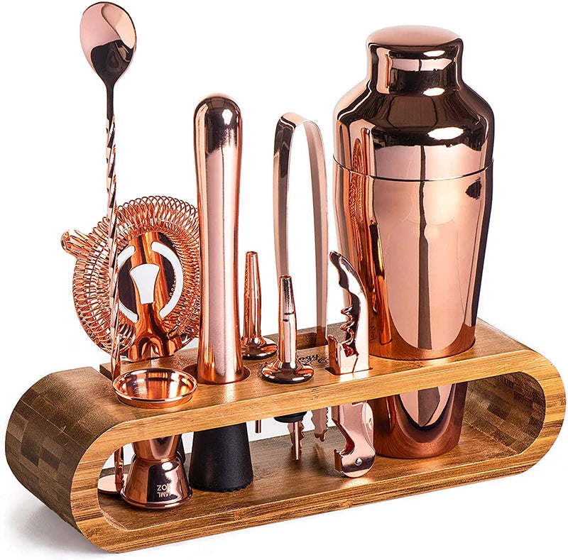 Complete cocktail bar set featuring essential tools like a shaker, jigger, strainer, muddler, and mixing spoon. Perfect for crafting professional-quality cocktails at home or in a bar.