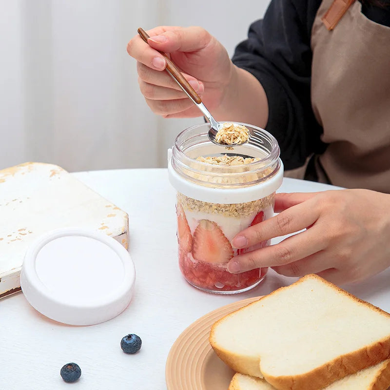 Glass jar container designed for storing overnight oats, with an airtight lid to keep ingredients fresh. Perfect for prepping nutritious breakfasts on-the-go.