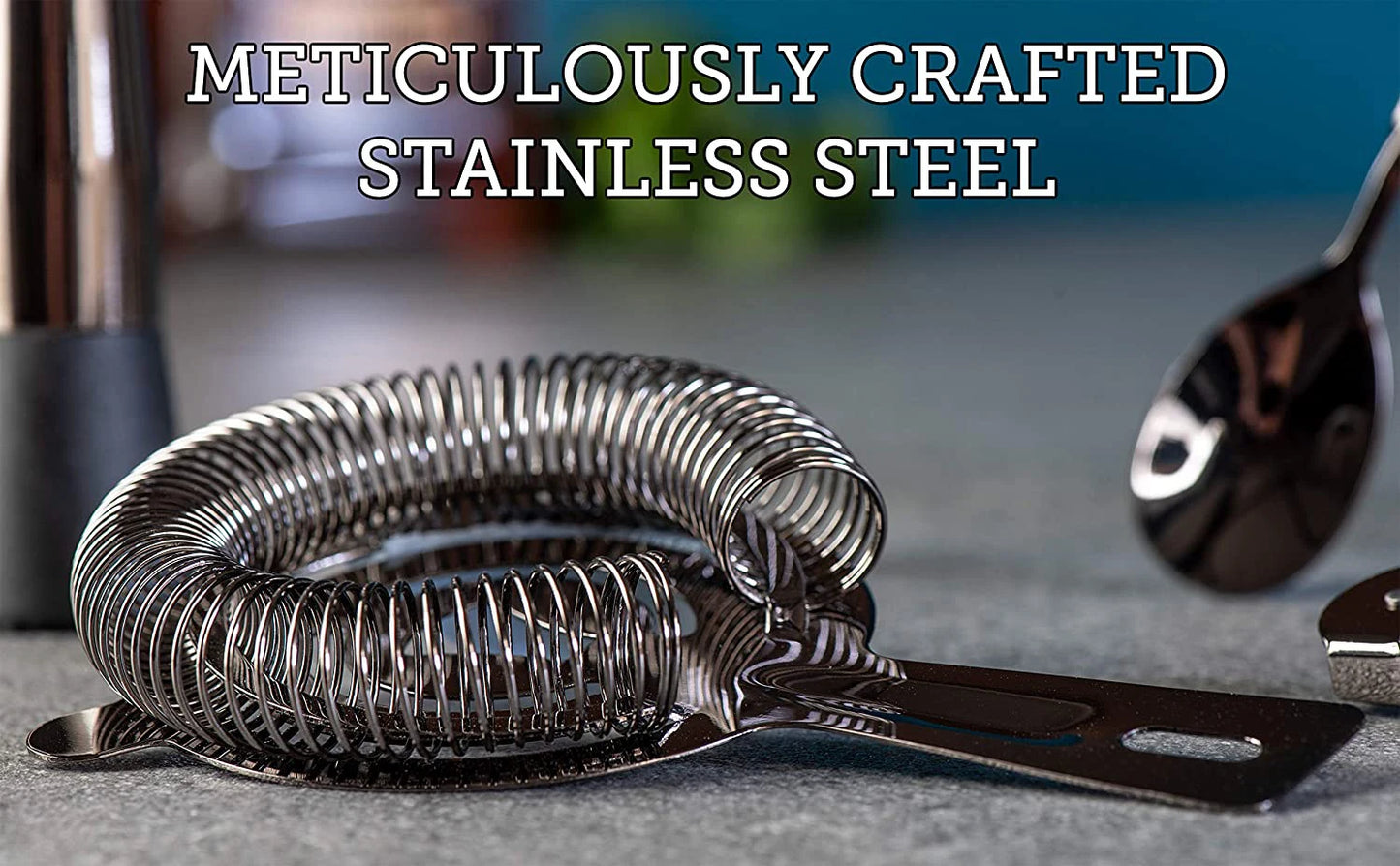 Complete cocktail bar set featuring essential tools like a shaker, jigger, strainer, muddler, and mixing spoon. Perfect for crafting professional-quality cocktails at home or in a bar.