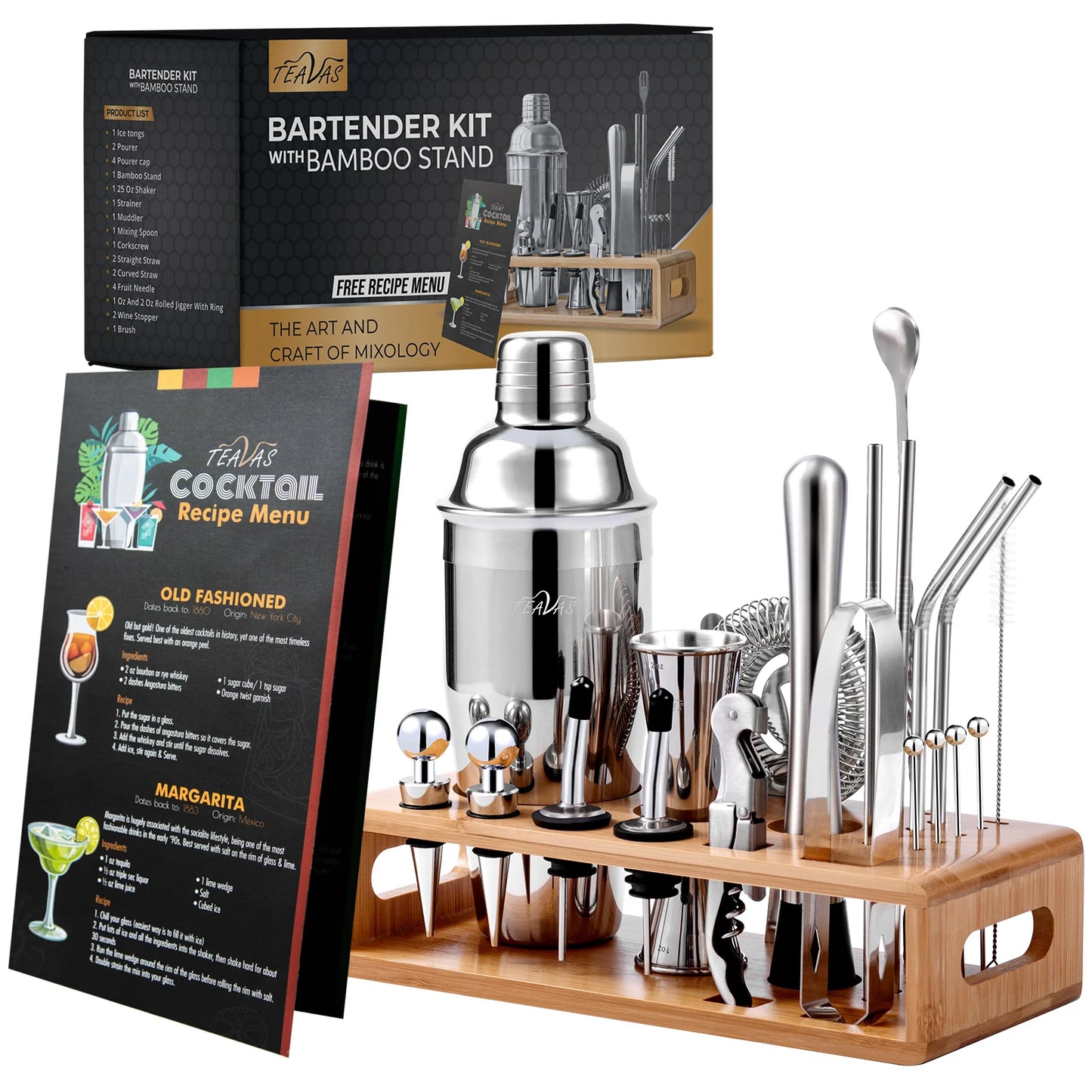 A comprehensive 25-piece mixology bartender kit featuring high-quality stainless steel tools, including a Boston cocktail shaker, muddlers, corkscrew, pourers, jigger, strainer, fruit needles, straws, mixing spoon, brush, wine stoppers, pourer caps, and a sturdy bamboo stand. This all-in-one set provides both amateur and professional bartenders with the essential tools needed to craft a wide variety of cocktails, enhancing any home bar setup