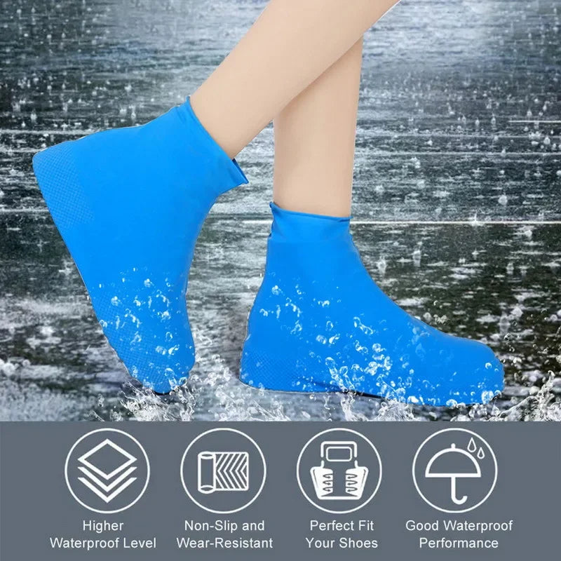 Reusable waterproof shoe covers made from durable, flexible silicone, designed to fit over various shoe sizes; feature non-slip soles for enhanced safety; easy to clean and store; ideal for protecting shoes from water, mud, and debris during outdoor activities