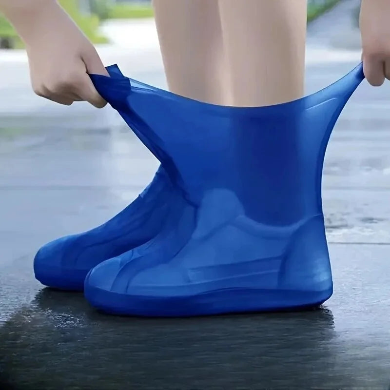 Reusable waterproof shoe covers made from durable, flexible silicone, designed to fit over various shoe sizes; feature non-slip soles for enhanced safety; easy to clean and store; ideal for protecting shoes from water, mud, and debris during outdoor activities