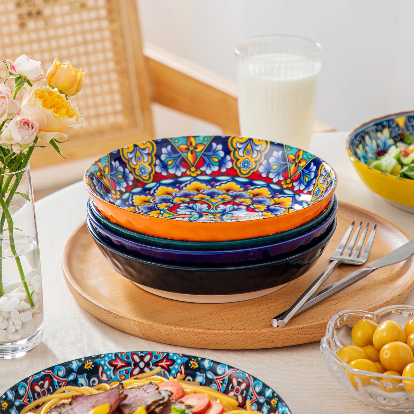 A beautiful ceramic dinnerware set, featuring a matching collection of plates, bowls, and cups with a smooth, glossy finish and elegant design. Perfect for both everyday dining and special occasions.