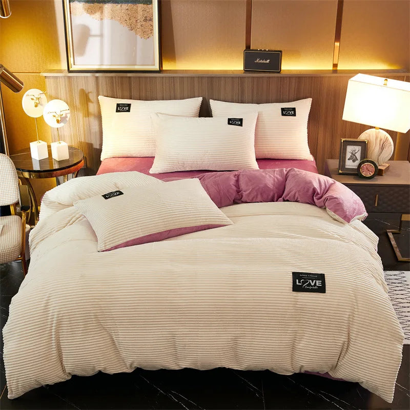 A 3-piece bedding set comprising a comforter and two pillowcases, designed to enhance your bedroom's aesthetic. Available in various patterns and materials, these sets cater to diverse preferences and are available in multiple sizes to fit different bed dimensions