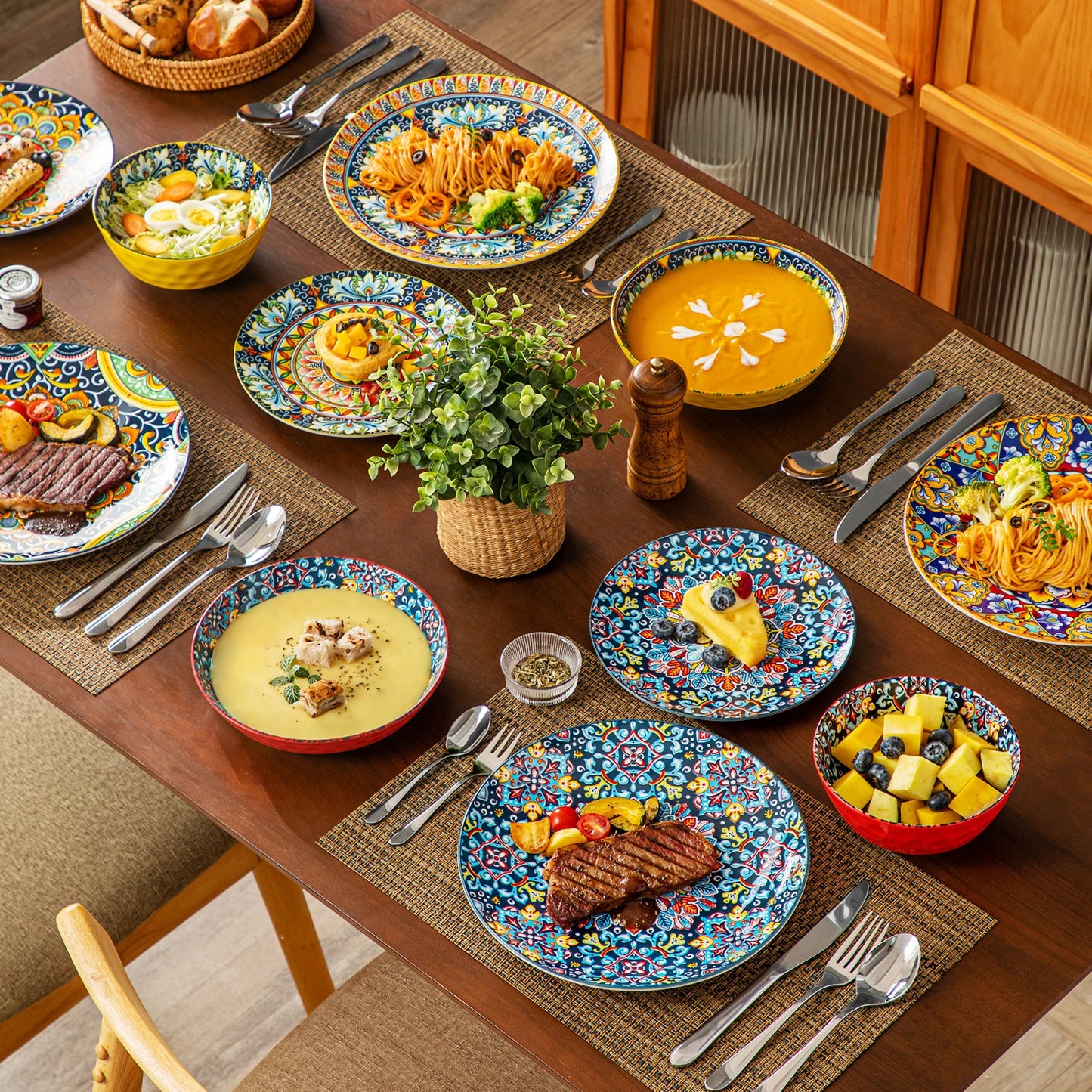 A beautiful ceramic dinnerware set, featuring a matching collection of plates, bowls, and cups with a smooth, glossy finish and elegant design. Perfect for both everyday dining and special occasions.