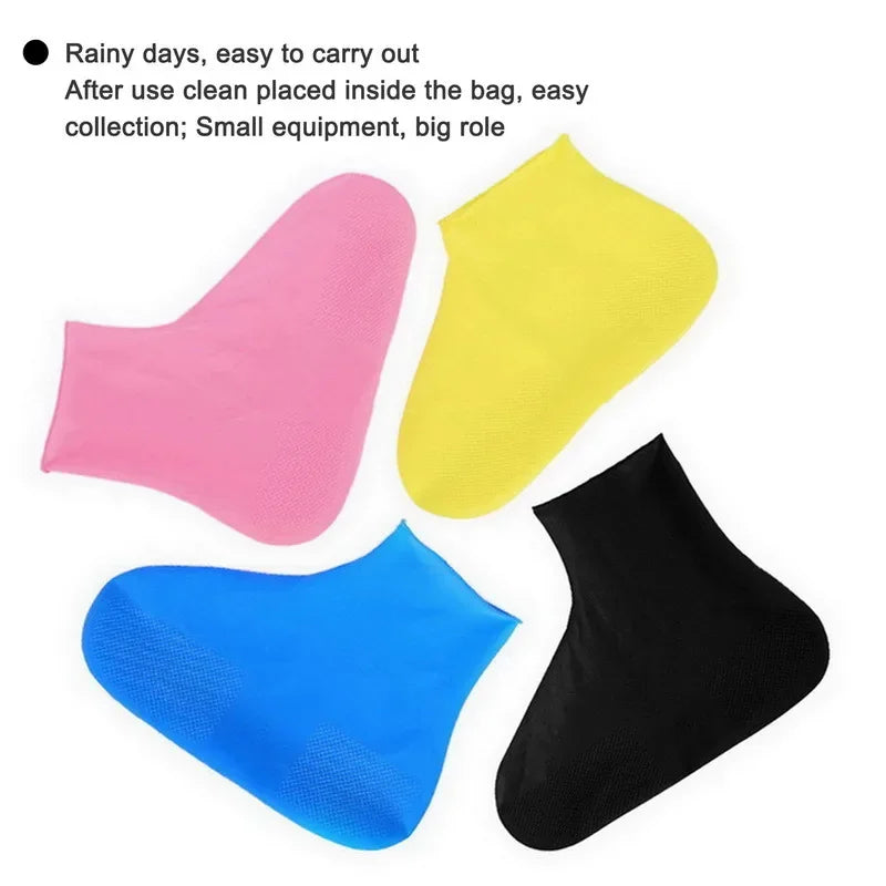 Reusable waterproof shoe covers made from durable, flexible silicone, designed to fit over various shoe sizes; feature non-slip soles for enhanced safety; easy to clean and store; ideal for protecting shoes from water, mud, and debris during outdoor activities