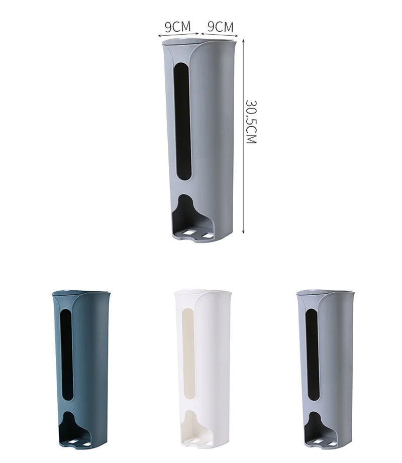A wall-mounted plastic bag holder made of durable stainless steel with a sleek silver finish. Designed to neatly store and dispense plastic grocery bags, it features a top opening for easy insertion and a front slot for convenient retrieval, helping to keep your kitchen organized and clutter-free.