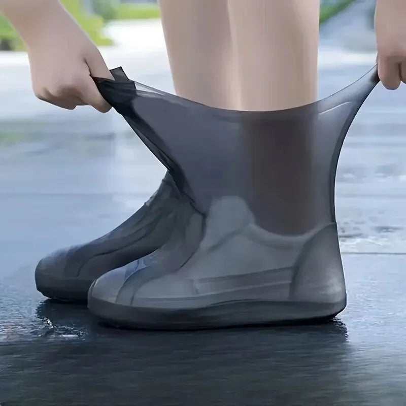 Reusable waterproof shoe covers made from durable, flexible silicone, designed to fit over various shoe sizes; feature non-slip soles for enhanced safety; easy to clean and store; ideal for protecting shoes from water, mud, and debris during outdoor activities