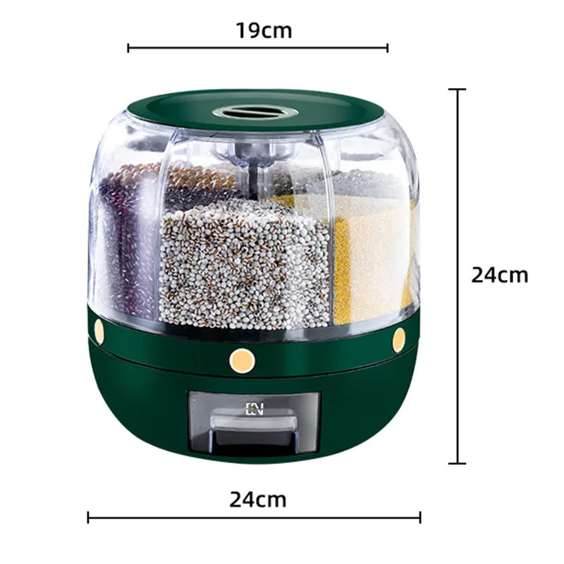A 360-degree rotating rice dispenser featuring multiple compartments for organized storage of various grains. Its transparent design allows for easy monitoring of contents, while the rotating mechanism provides convenient access to each compartment, making it a practical addition to any kitchen.