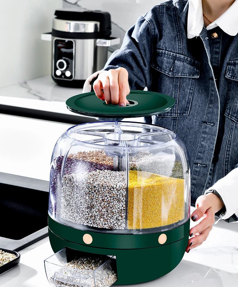 A 360-degree rotating rice dispenser featuring multiple compartments for organized storage of various grains. Its transparent design allows for easy monitoring of contents, while the rotating mechanism provides convenient access to each compartment, making it a practical addition to any kitchen.