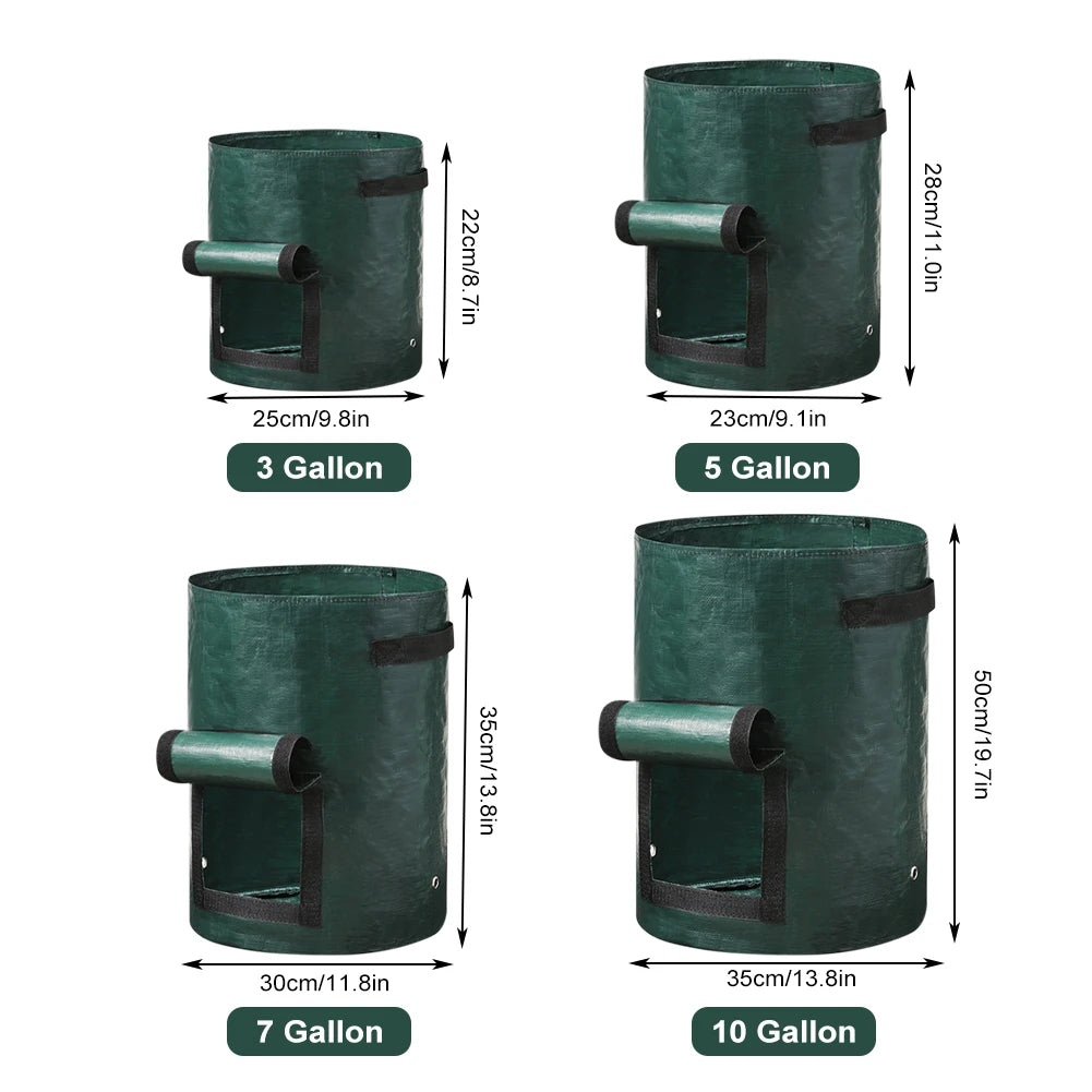 A durable, non-woven fabric potato grow bag with reinforced handles and a flap window, designed for cultivating potatoes in confined spaces. The breathable material ensures proper drainage and aeration, promoting healthy root development, while the access flap allows for easy harvesting without disturbing the plant