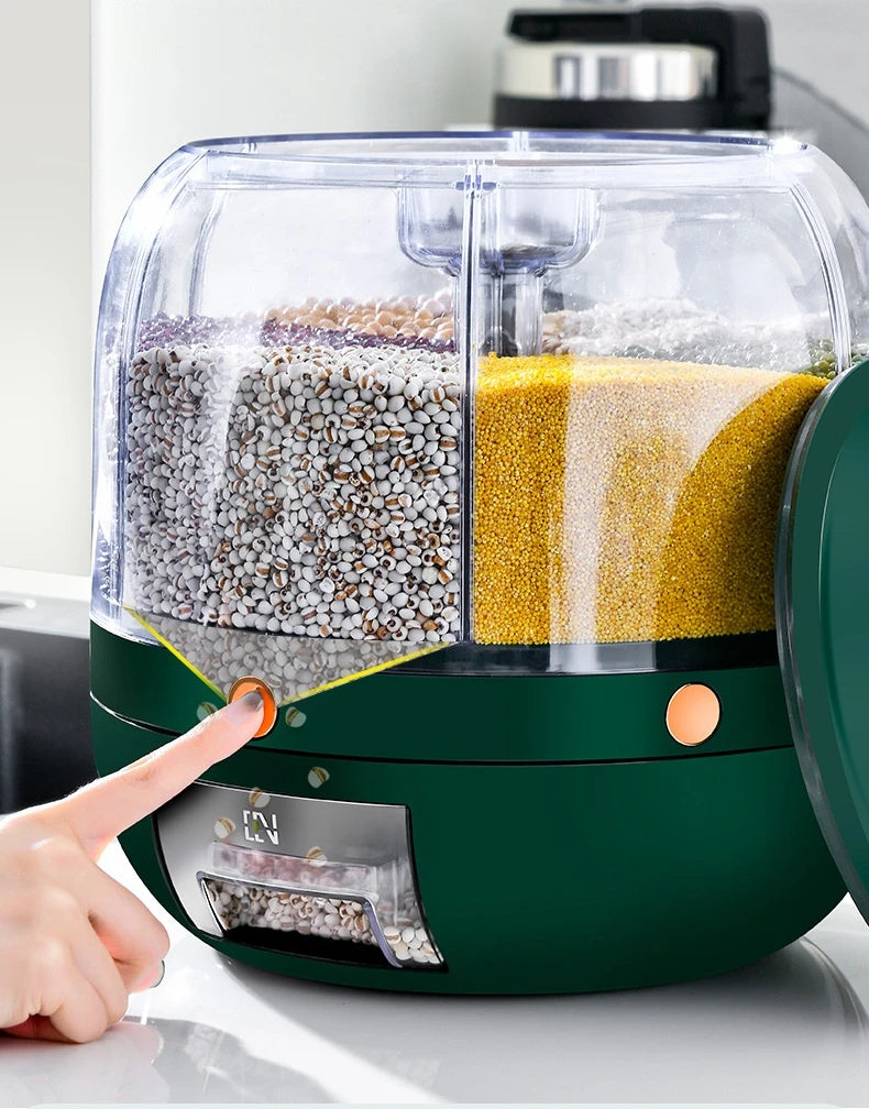 A 360-degree rotating rice dispenser featuring multiple compartments for organized storage of various grains. Its transparent design allows for easy monitoring of contents, while the rotating mechanism provides convenient access to each compartment, making it a practical addition to any kitchen.