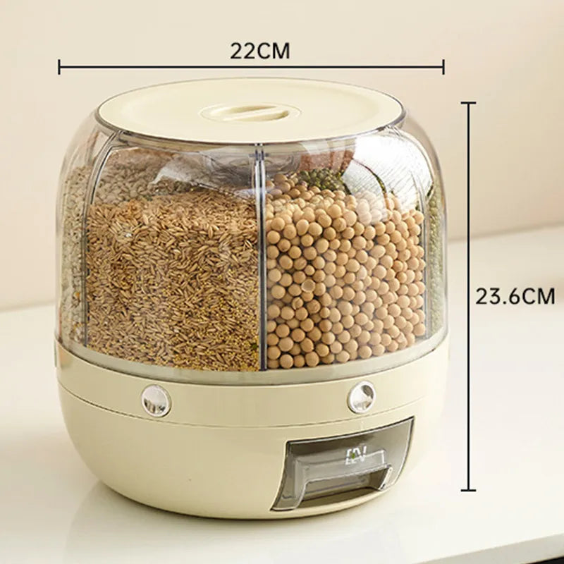 A 360-degree rotating rice dispenser featuring multiple compartments for organized storage of various grains. Its transparent design allows for easy monitoring of contents, while the rotating mechanism provides convenient access to each compartment, making it a practical addition to any kitchen.