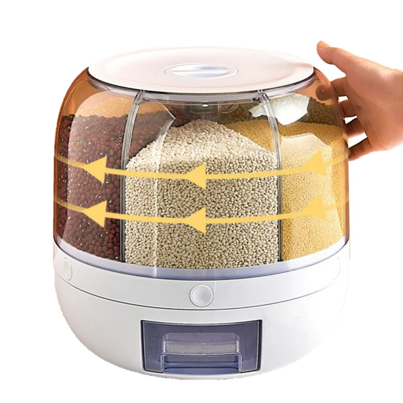 A 360-degree rotating rice dispenser featuring multiple compartments for organized storage of various grains. Its transparent design allows for easy monitoring of contents, while the rotating mechanism provides convenient access to each compartment, making it a practical addition to any kitchen.