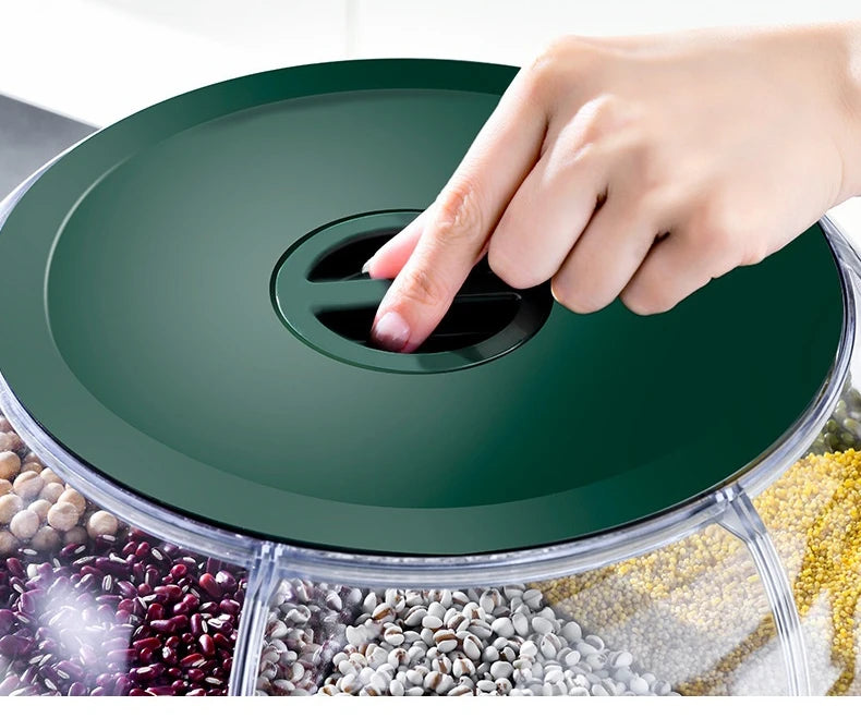 A 360-degree rotating rice dispenser featuring multiple compartments for organized storage of various grains. Its transparent design allows for easy monitoring of contents, while the rotating mechanism provides convenient access to each compartment, making it a practical addition to any kitchen.