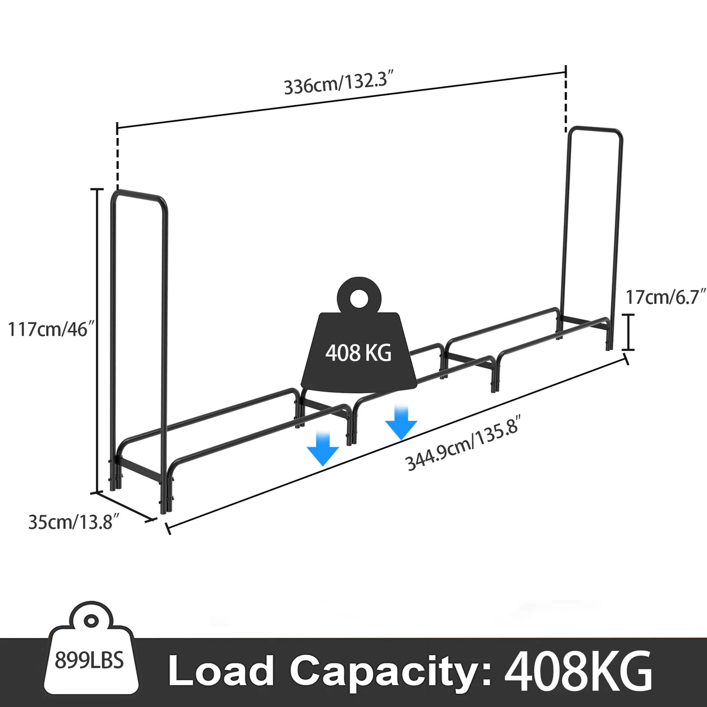 Sturdy metal firewood rack designed for indoor and outdoor use, neatly storing logs for easy access. Durable steel construction with a sleek black finish, perfect for keeping firewood organized and dry